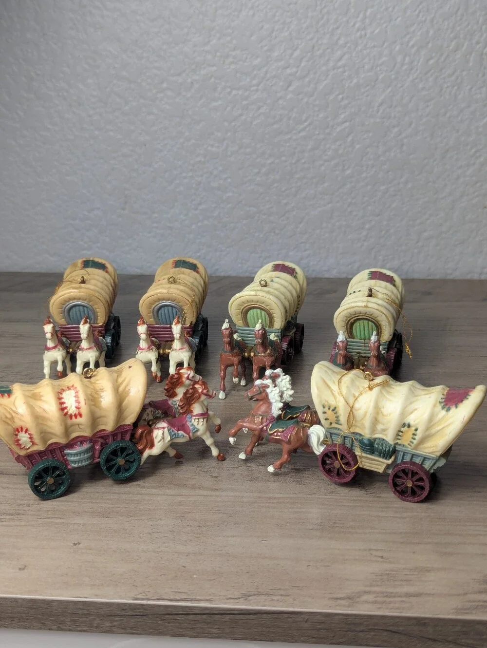 Western Covered Wagon Christmas Ornaments Hard Plastic Set of 6 Vintage